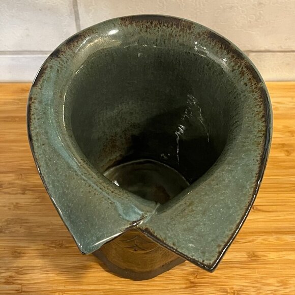 Signed Handmade Studio Art Pottery Vase with Drip Glaze Unique Green Brown - Picture 8 of 11